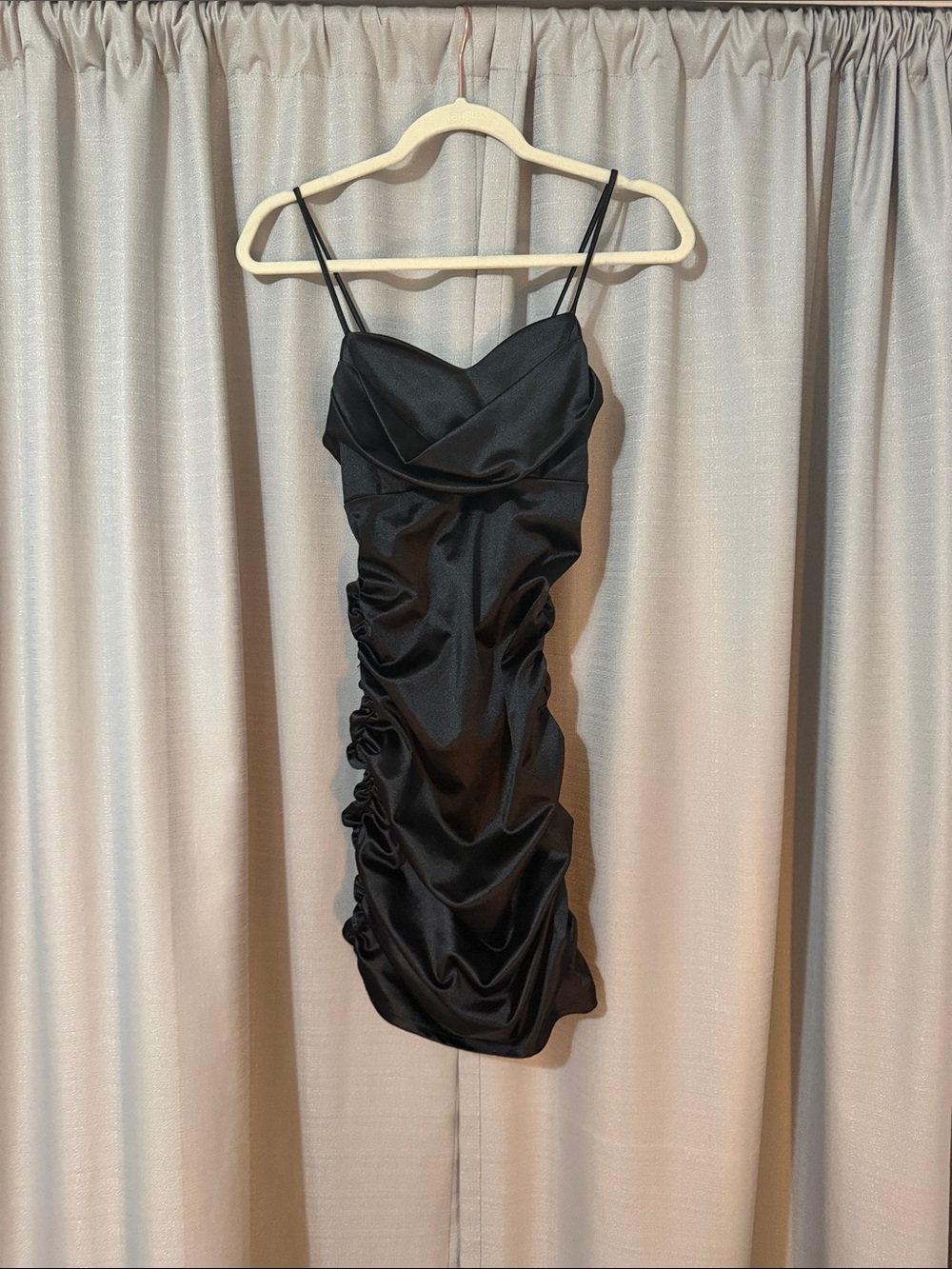 Satin Black Ruched Mini Slip Dress